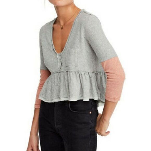 Free People Baby Doll Top Gray Orange /Peach Large V Neck Pocket Cotton - Picture 10 of 10